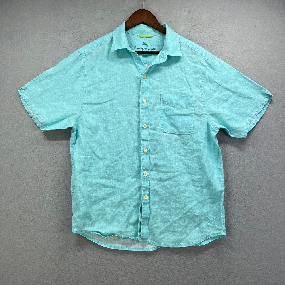 Tommy Bahama Shirt Mens Medium Aqua Linen Short Sleeve Tropical Beach Coastal